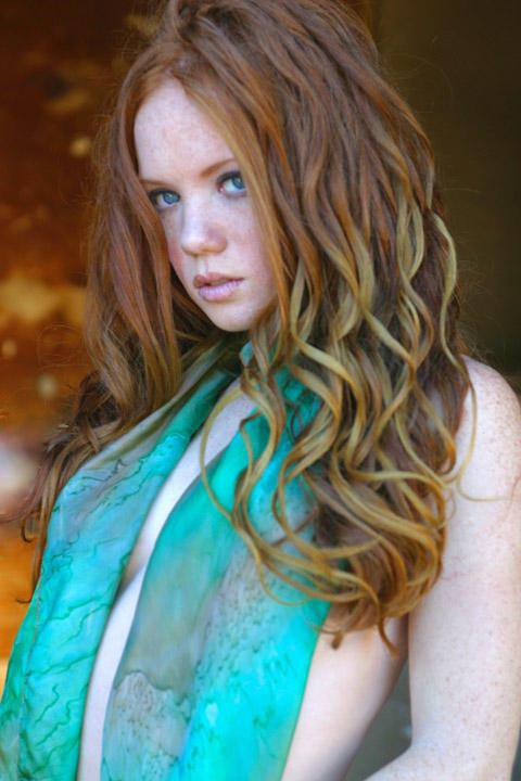 Hot ginger model with turquoise scarf and pretty tight tits