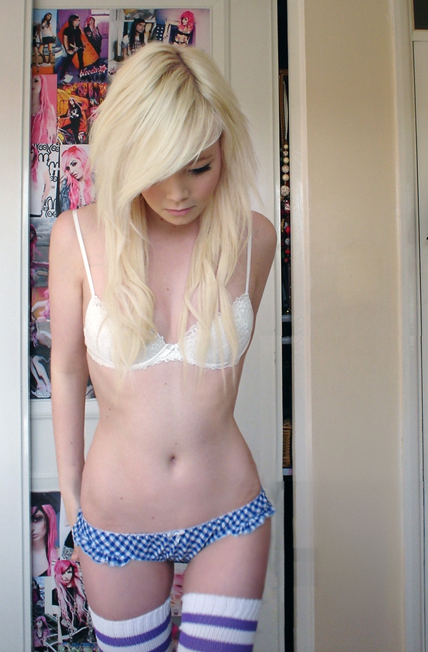 Skinny shy blonde in tiny cute panties